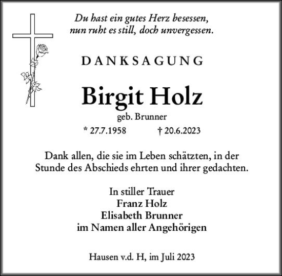 Traueranzeige von Birgit Holz von Wiesbadener Kurier