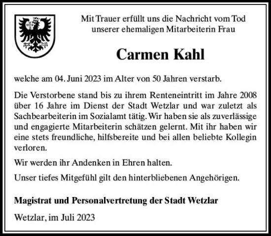 Traueranzeige von Carmen Kahl von Wetzlarer Neue Zeitung