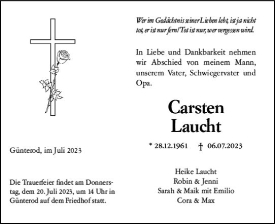 Traueranzeige von Carsten Laucht von Hinterländer Anzeiger