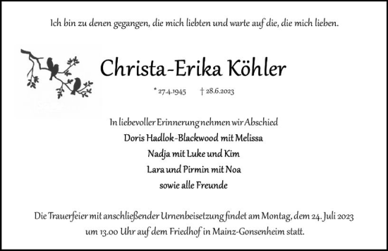 Traueranzeige von Christa-Erika Köhler von Allgemeine Zeitung Mainz