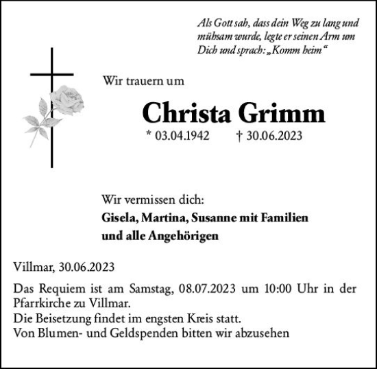 Traueranzeige von Christa Grimm von Camberger Anzeiger