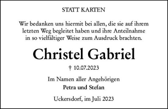 Traueranzeige von Christel Gabriel von Dill Block