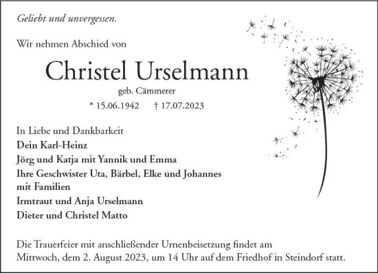 Traueranzeige von Christel Urselmann von Wetzlarer Neue Zeitung