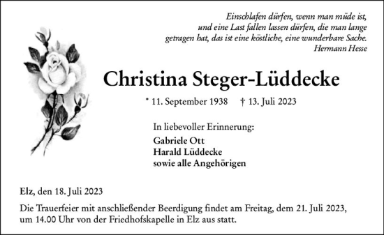 Traueranzeige von Christina Steger-Lüddecke von Nassauische Neue Presse