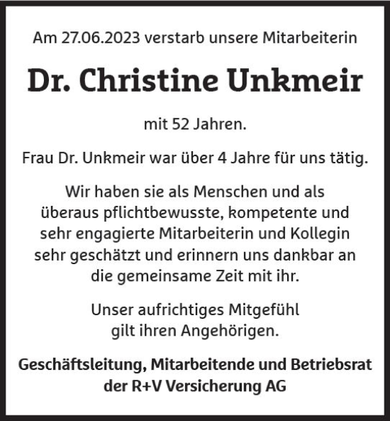Traueranzeige von Christine Unkmeir von Wiesbadener Kurier