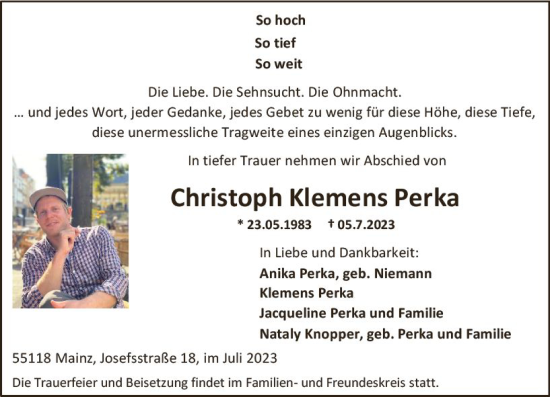 Traueranzeige von Christoph Klemens Perka von Allgemeine Zeitung Alzey