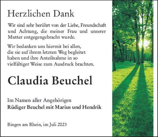 Traueranzeige von Claudia Beuchel von Allgemeine Zeitung Bingen/Ingelheim