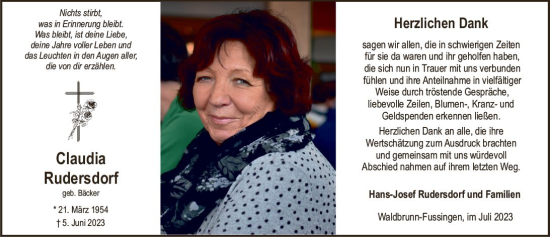 Traueranzeige von Claudia Rudersdorf von Nassauische Neue Presse