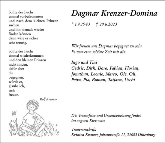 Traueranzeige von Dagmar Krenzer-Domina von Dill Block
