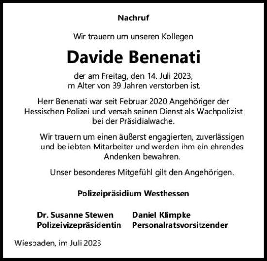 Traueranzeige von Davide Benenati von Wiesbadener Kurier