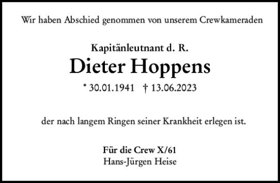 Traueranzeige von Dieter Hoppens von Wiesbadener Kurier