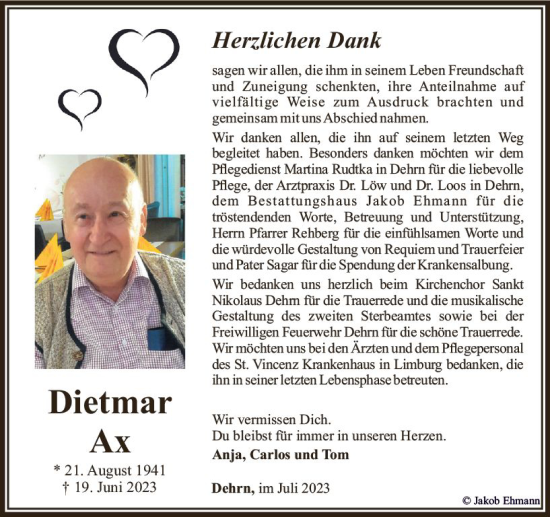Traueranzeige von Dietmar Ax von Nassauische Neue Presse