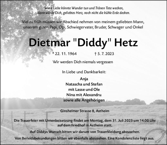 Traueranzeige von Dietmar Hetz von Rüsselsheimer Echo