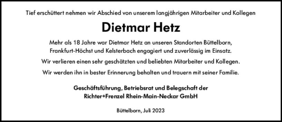 Traueranzeige von Dietmar Hetz von Rüsselsheimer Echo