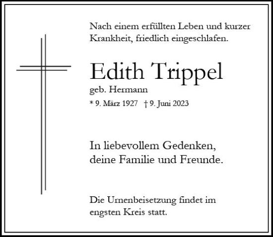Traueranzeige von Edith Trippel von Wiesbadener Kurier