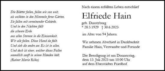 Traueranzeige von Elfriede Hain von Darmstädter Echo