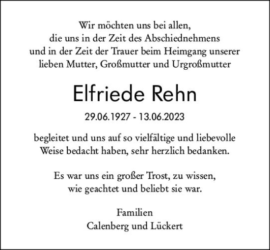 Traueranzeige von Elfriede Rehn von Weilburger Tageblatt