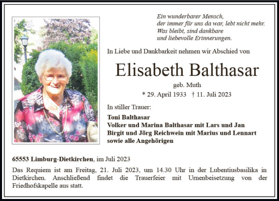 Traueranzeige von Elisabeth Balthasar von Nassauische Neue Presse