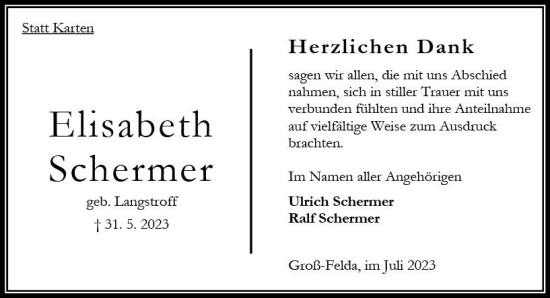 Traueranzeige von Elisabeth Schermer von Oberhessen Kurier