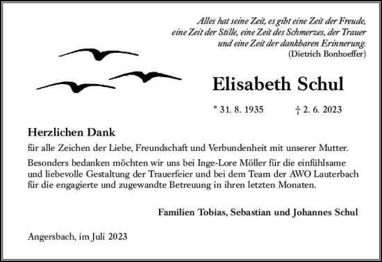 Traueranzeige von Elisabeth Schul von Oberhessen Kurier
