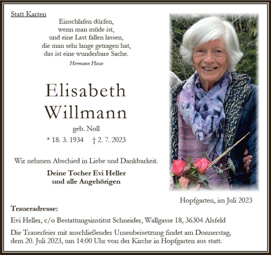 Traueranzeige von Elisabeth Willmann von Oberhessen Kurier