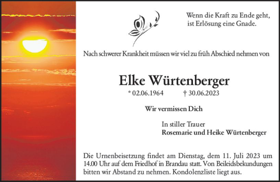 Traueranzeige von Elke Würtenberger von Darmstädter Echo