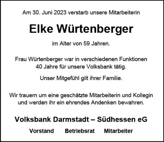 Traueranzeige von Elke Würtenberger von Darmstädter Echo