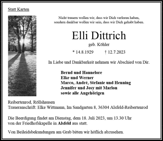 Traueranzeige von Elli Dittrich von VRM Trauer