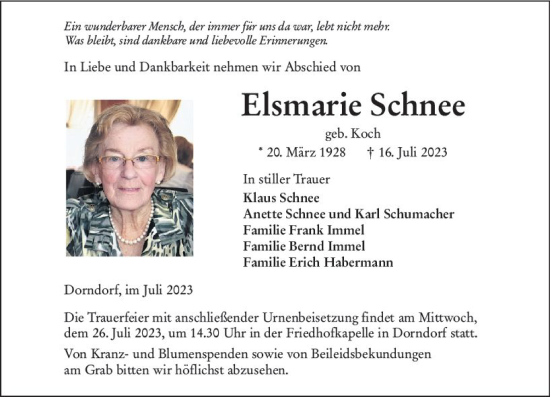 Traueranzeige von Elsmarie Schnee von Nassauische Neue Presse