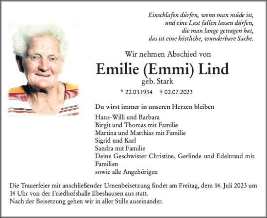 Traueranzeige von Emilie Lind von VRM Trauer