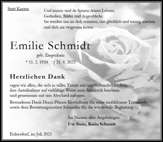 Traueranzeige von Emilie Schmidt von Oberhessen Kurier