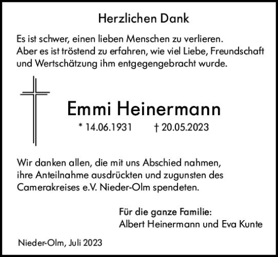 Traueranzeige von Emmi Heinermann von Allgemeine Zeitung Mainz