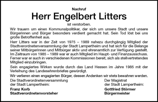 Traueranzeige von Engelbert Litters von Starkenburger Echo