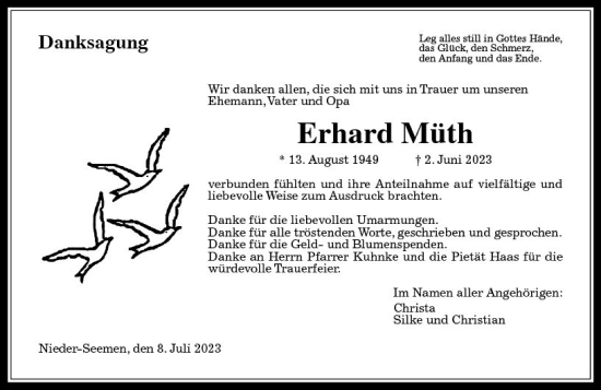 Traueranzeige von Erhard Müth von VRM Trauer
