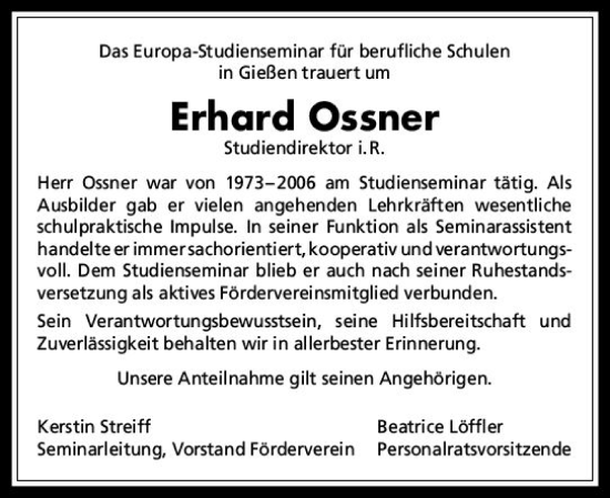 Traueranzeige von Erhard Ossner von Dill Block