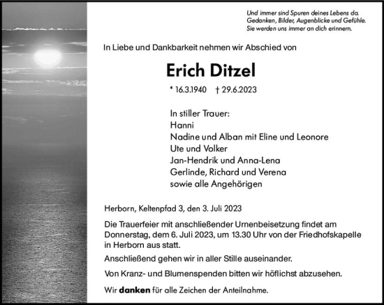 Traueranzeige von Erich Ditzel von Dill Block