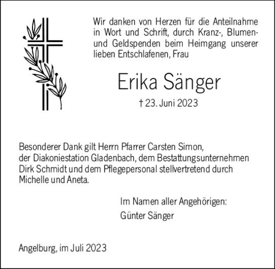 Traueranzeige von Erika Sänger von Hinterländer Anzeiger