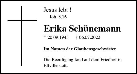 Traueranzeige von Erika Schünemann von Wiesbadener Kurier
