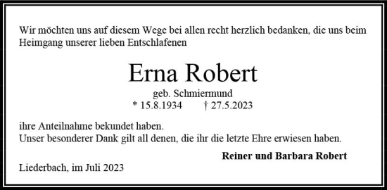 Traueranzeige von Erna Robert von Oberhessen Kurier