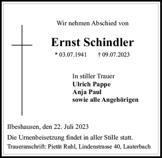 Traueranzeige von Ernst Schindler von VRM Trauer