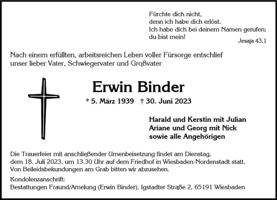 Traueranzeige von Erwin Binder von Wiesbadener Kurier