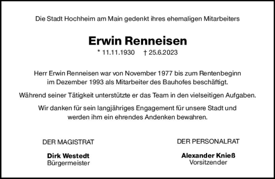 Traueranzeige von Erwin Renneisen von Wiesbadener Kurier