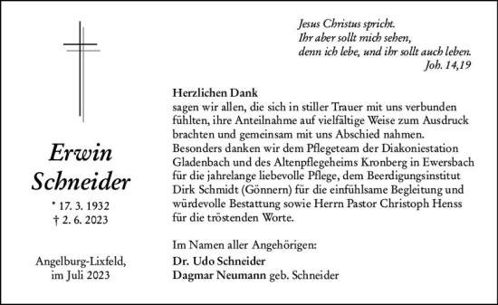 Traueranzeige von Erwin Schneider von Hinterländer Anzeiger