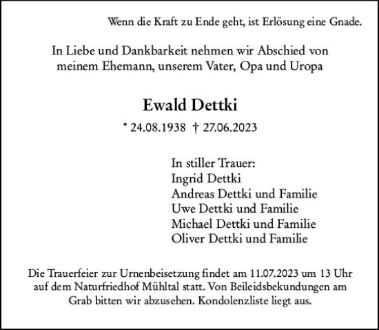 Traueranzeige von Ewald Dettki von Darmstädter Echo