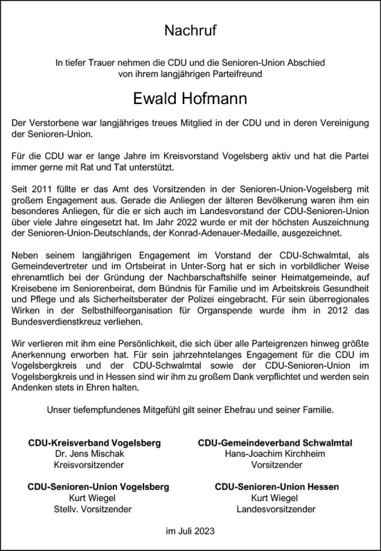 Traueranzeige von Ewald Hofmann von VRM Trauer