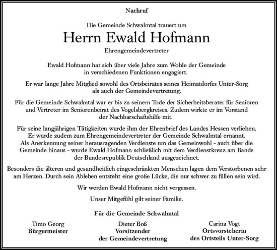 Traueranzeige von Ewald Hofmann von VRM Trauer