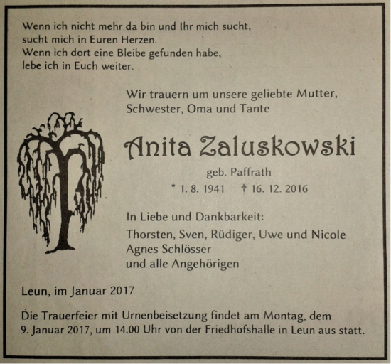 Traueranzeige von Anita Zaluskowski von vrm-trauer.de