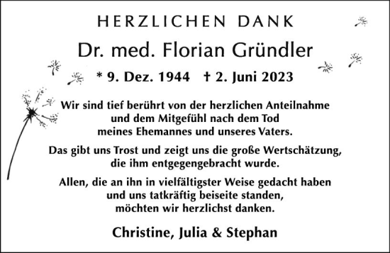 Traueranzeige von Florian Gründler von Wetzlarer Neue Zeitung