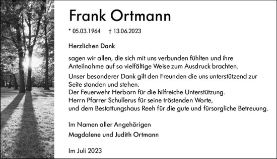 Traueranzeige von Frank Ortmann von Dill Block