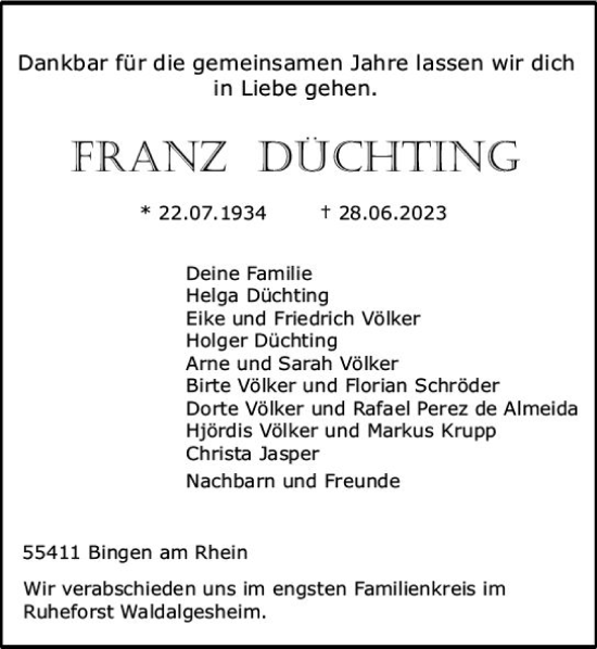 Traueranzeige von Franz Düchting von Bingen/Ingelheim WOBL inkl. Neue Binger Ztg.